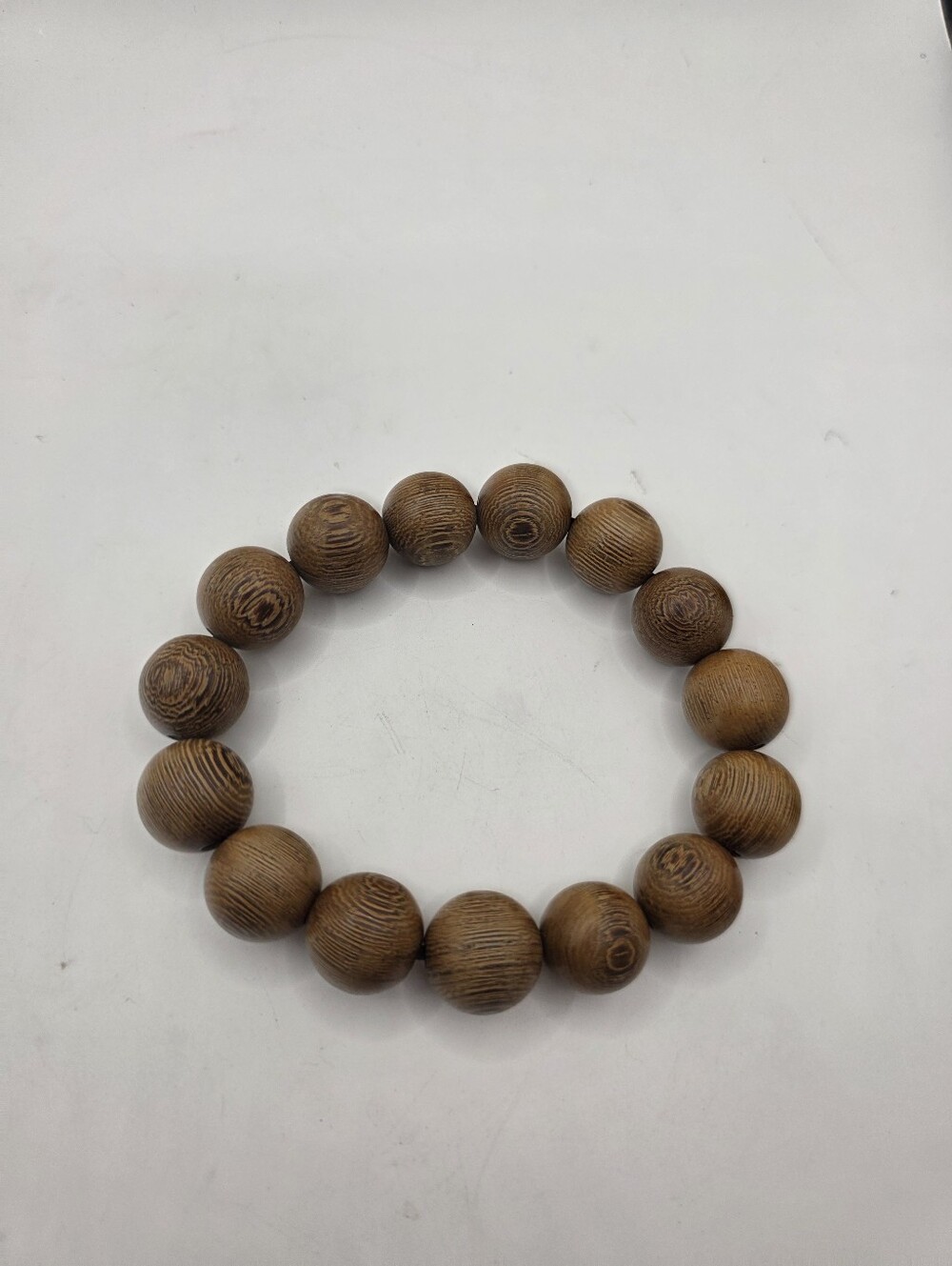 Vintage Natural Wood Bead Elastic Bracelet Large 15mm Grain Round Beads Unisex